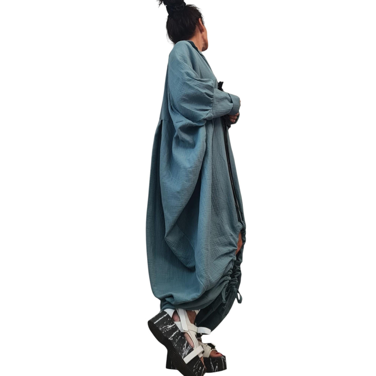 Dusty Teal Muslin Maxi Dress, Double Gauze, Oversized Cotton Kaftan, Boho Loungewear, Plus Size