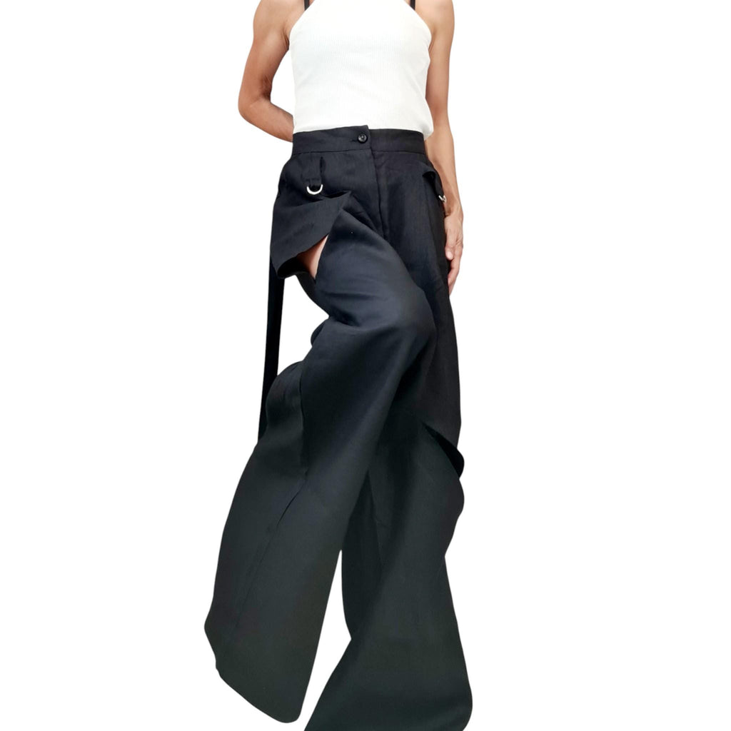 Black Linen Harem Pants for Women, Gothic Wide Leg Trousers with Asymmetric Slits
