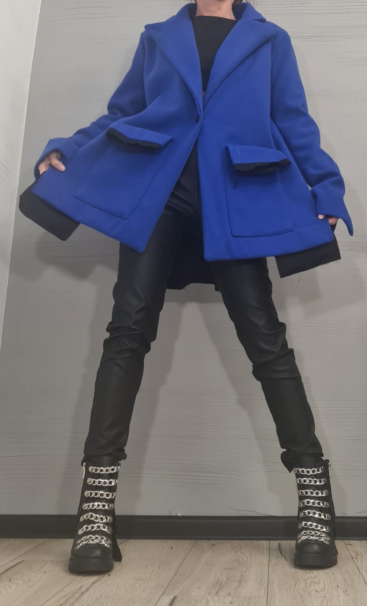 Royal Blue Asymmetrical Winter Coat, Oversized Lapels and Patch Pockets, Plus Size Flared Jacket