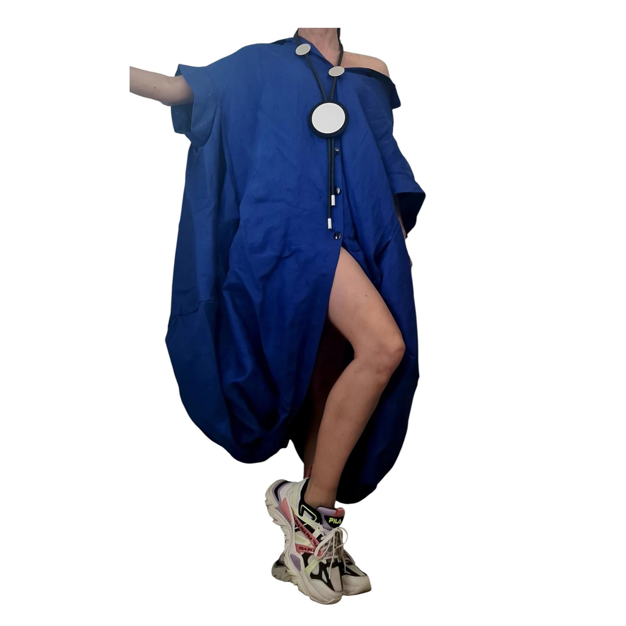 Turquoise Blue Oversized Linen Shirt Dress - Loose Fit