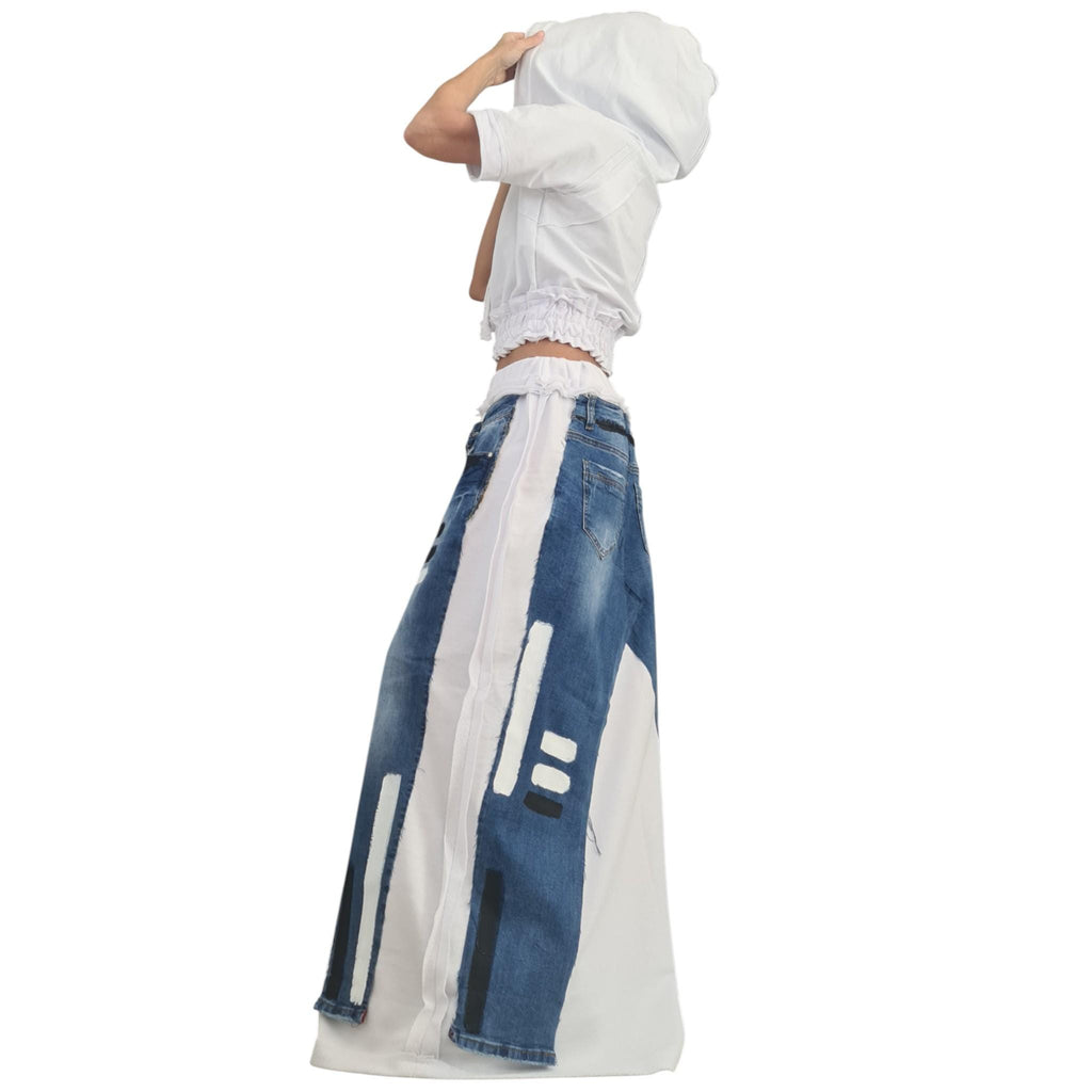 Deconstructed Denim Avant Garde Set, Hooded Short Cotton Sweatshirt, Long Skirt