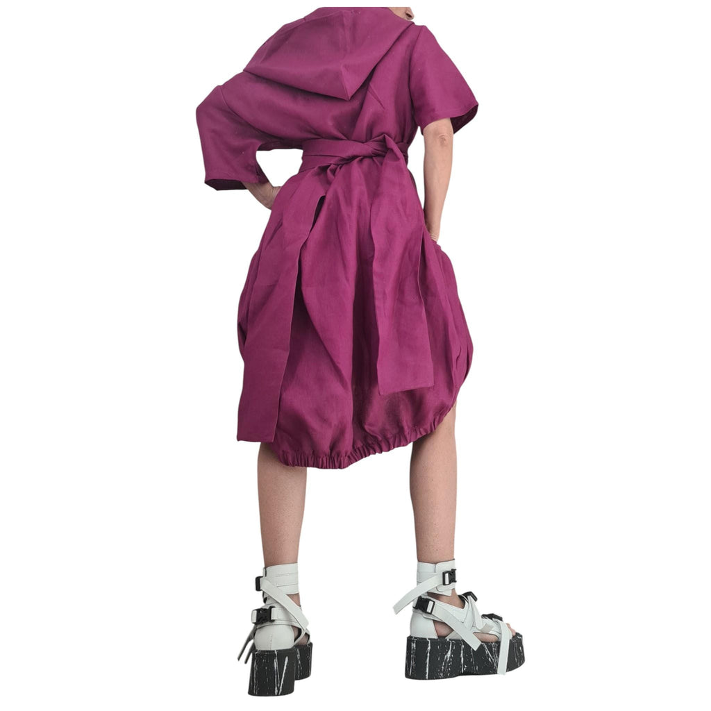 Plum Purple Linen Dress, Hooded Asymmetric Off Shoulder Dress, Oversized Short Sleeve