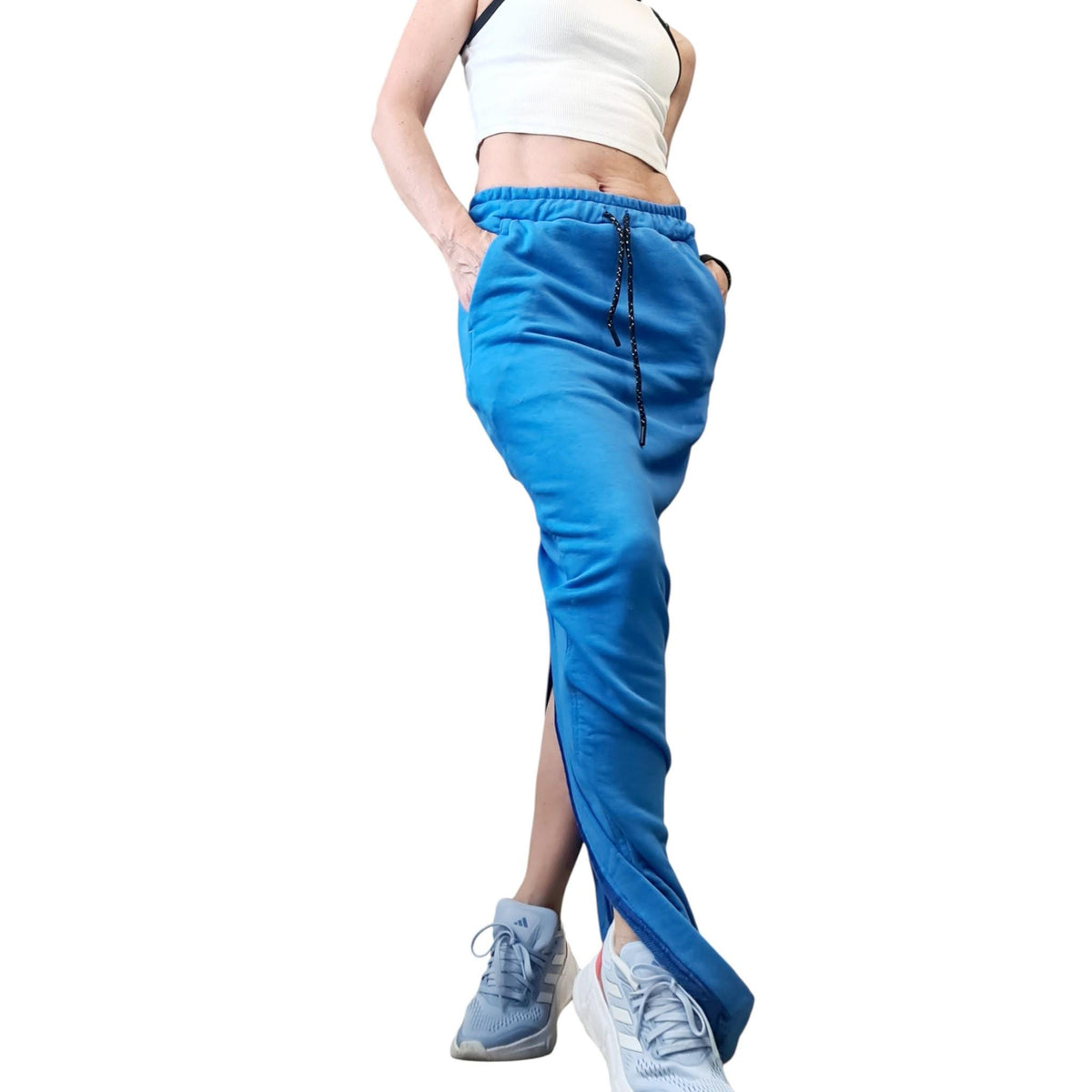 Blue Cotton Maxi Skirt with Pockets, Sporty Tight Long Skirt, Large Slit