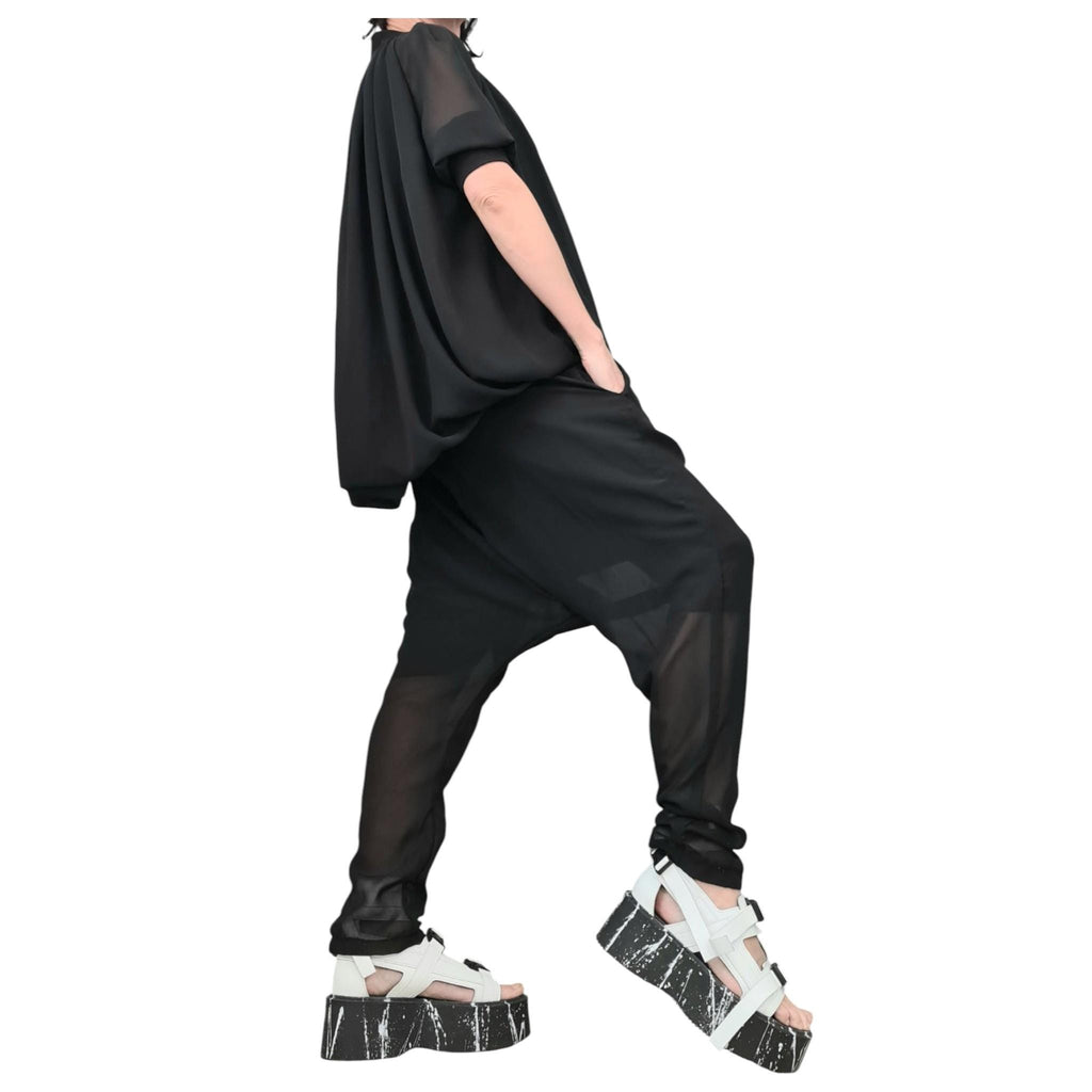 Black Chiffon Harem Pants with Cotton Shorts, Loose Asymmetrical Sweatshirt, Two Piece Co-Ord Set