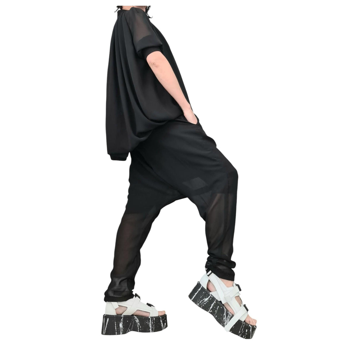 Black Chiffon Harem Pants with Cotton Shorts, Loose Asymmetrical Sweatshirt, Two Piece Co-Ord Set