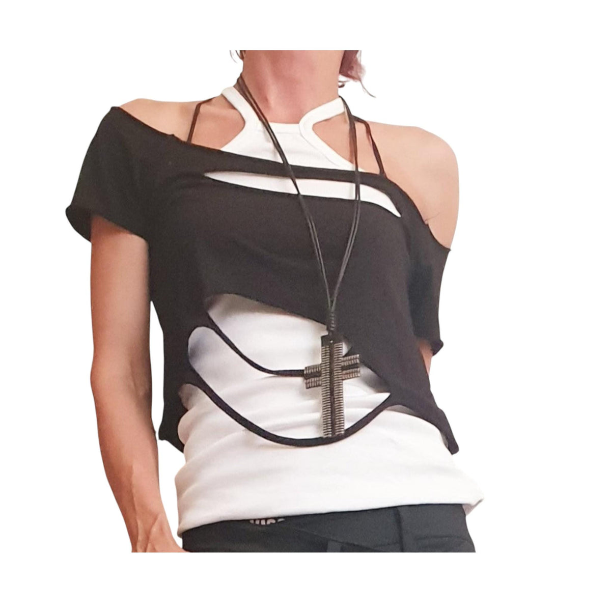 Deconstructed Black and White One Shoulder Top Set, Plus Size
