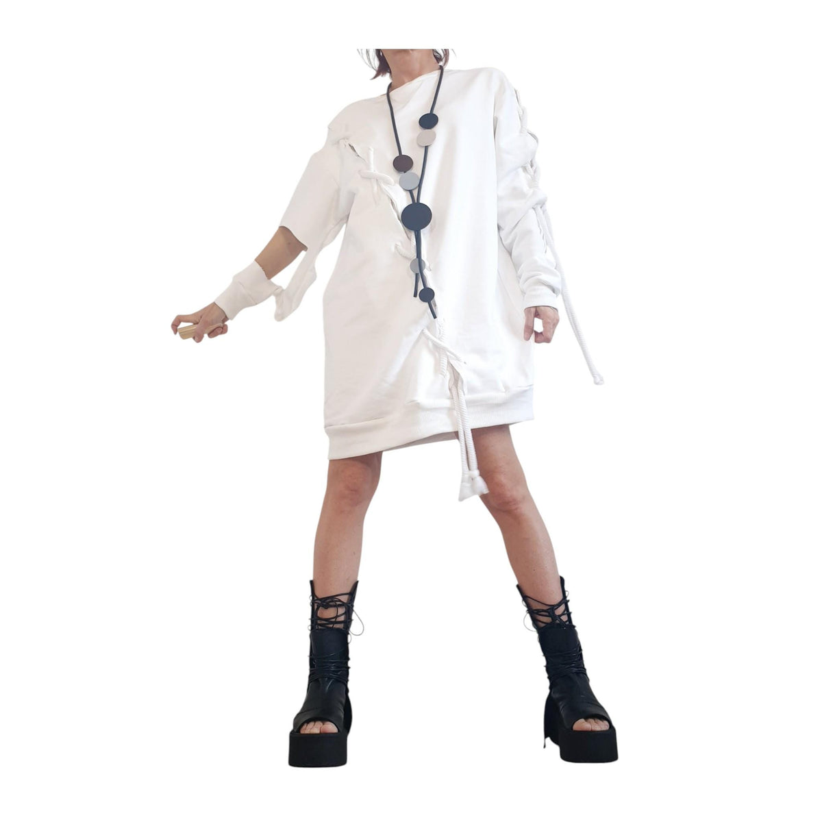 White Plus Size Dress, Bubble Blouson, Asymmetric Loose Cotton Tunic