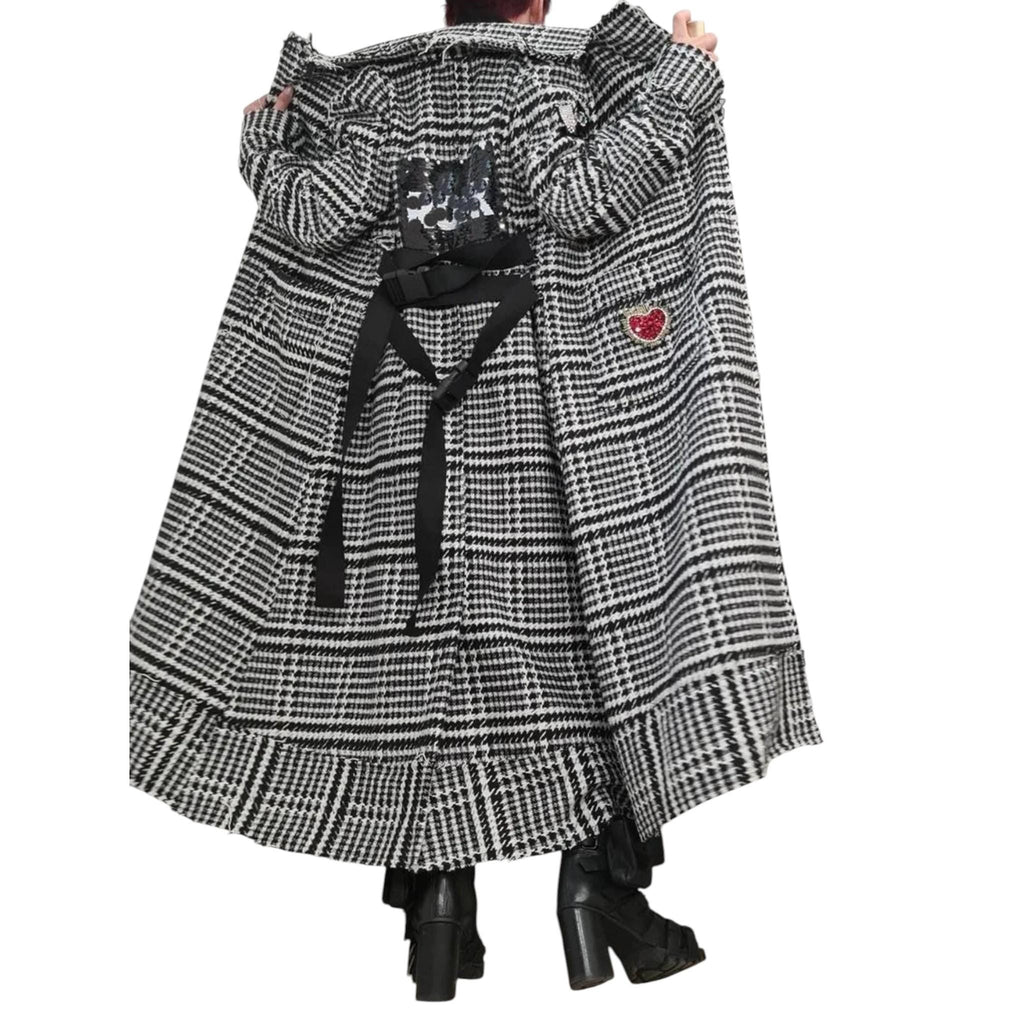 Black and White Plaid Coat, Long Belted Oversized Winter Jacket, Plus Size Cardigan