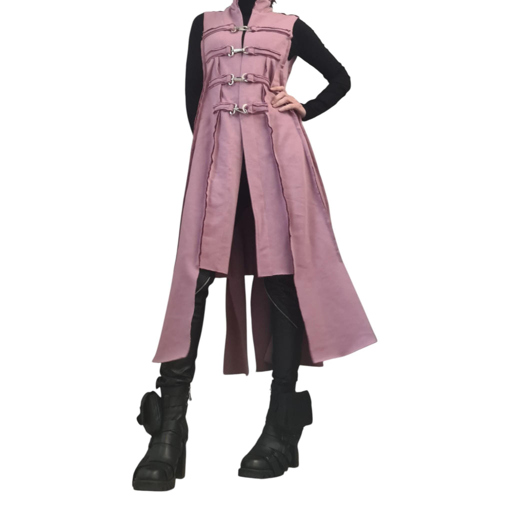 Dusty Pink Asymmetrical Maxi Vest, Sleeveless Layered Coat, Multiple Metal Buckle Closures