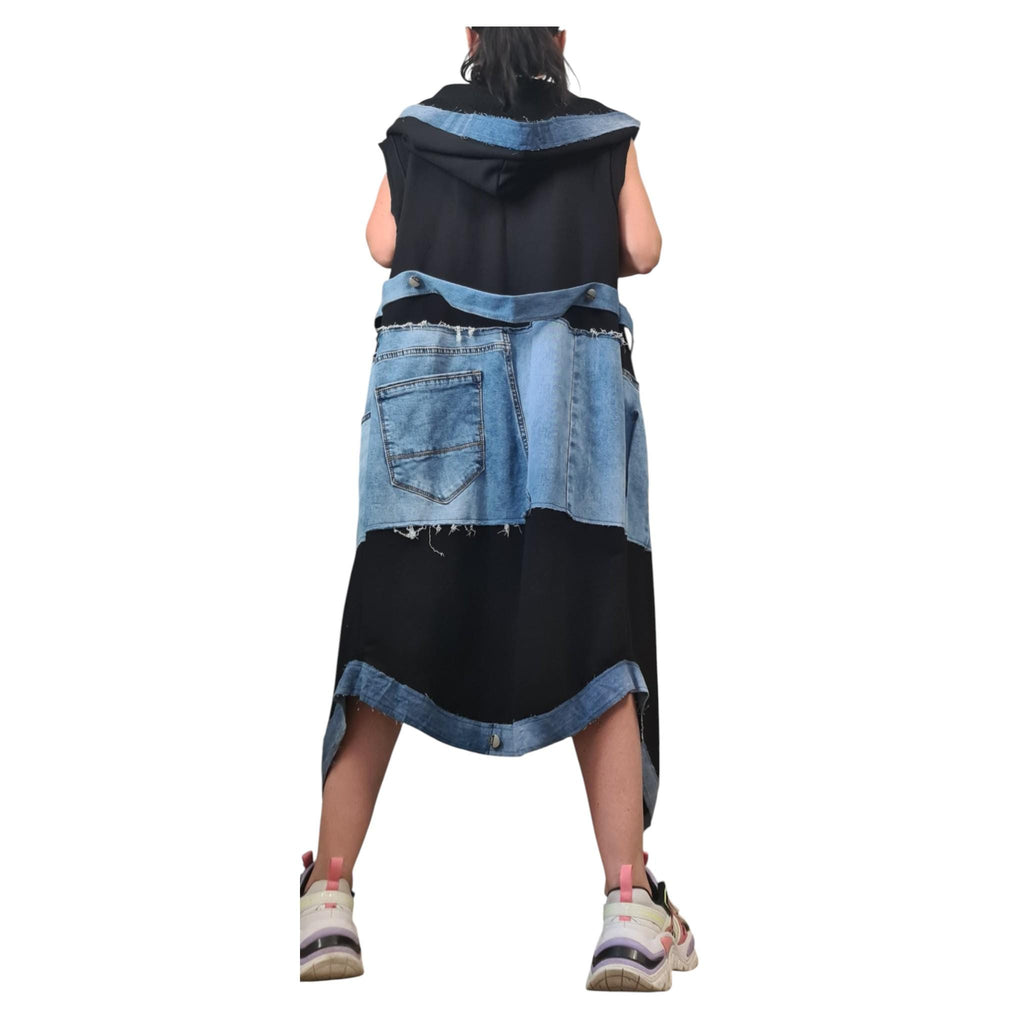 Gothic Denim Cotton Asymmetric Long Vest, Extravagant Maxi Style