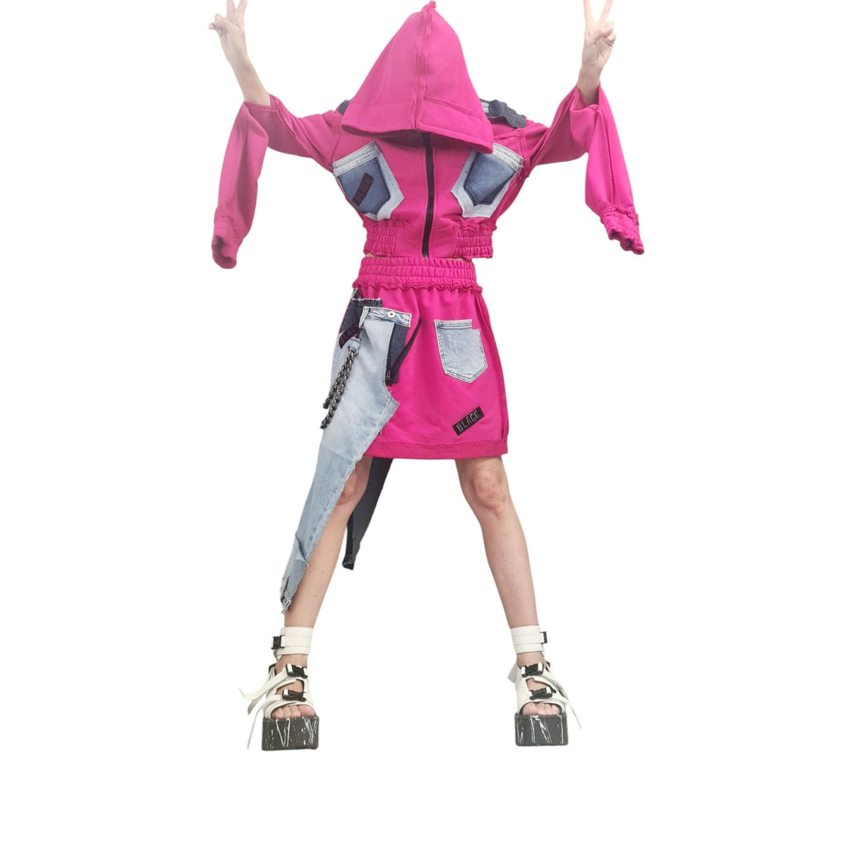 Handmade Fuchsia Cotton Denim Skirt Set, Asymmetrical Hooded Sweatshirt, Midi Skirt