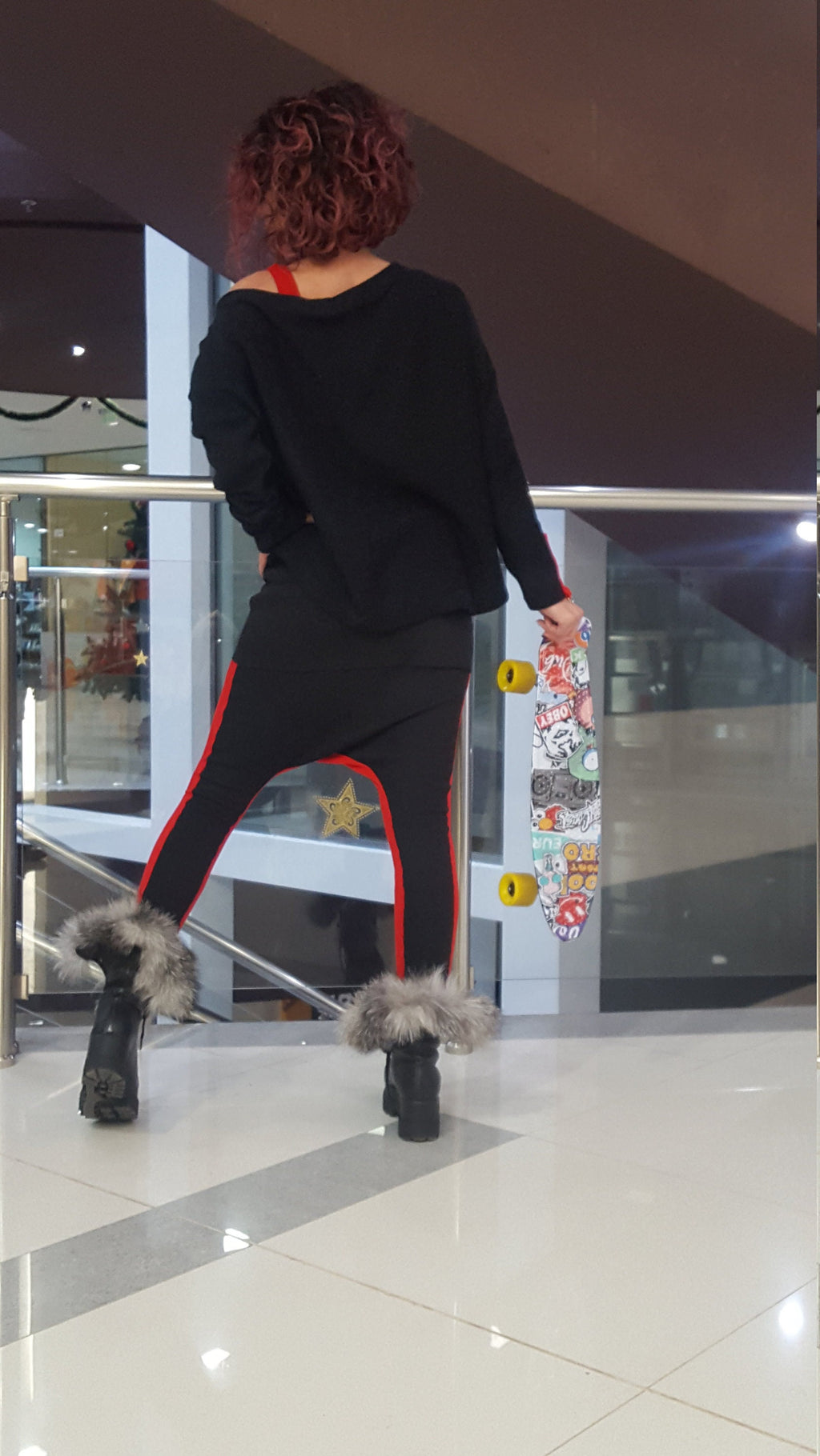 Black Red Cotton Co-Ord Set, Loose Blouse, Drop Crotch Harem Pants, Tapered Leg