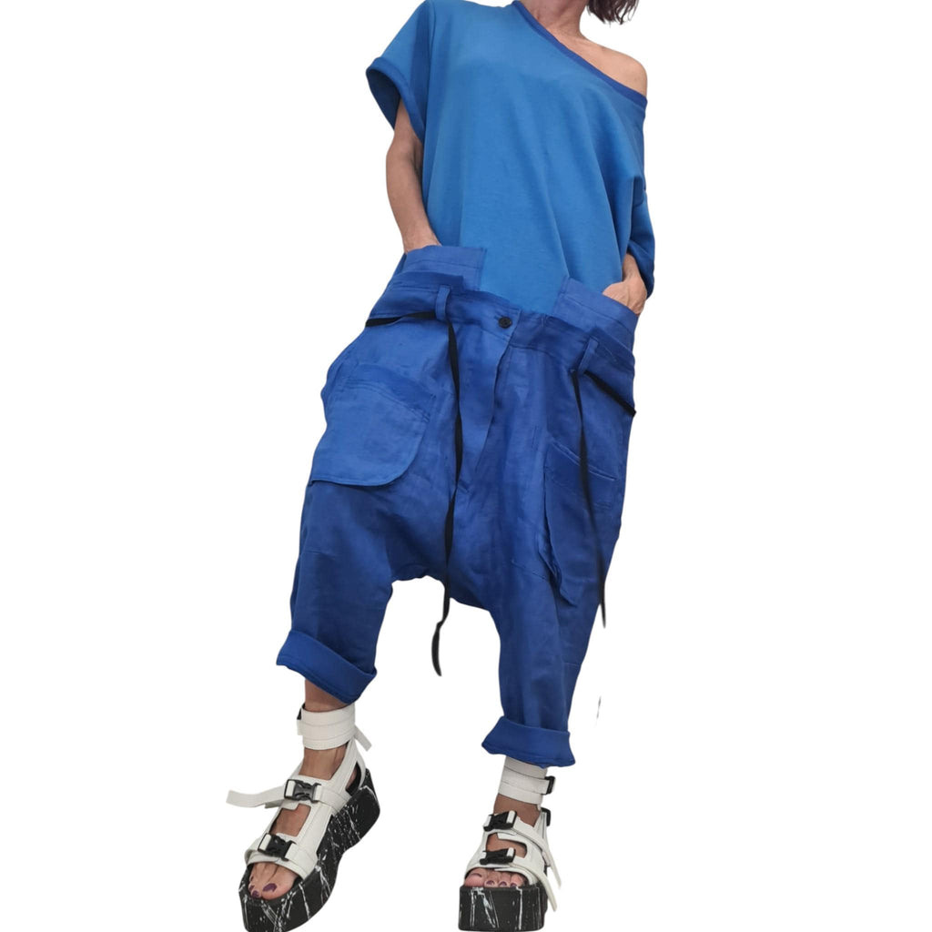 Blue Linen Harem Jumpsuit, Asymmetric Loose Overall, Wide Leg Drop Crotch Summer Romper