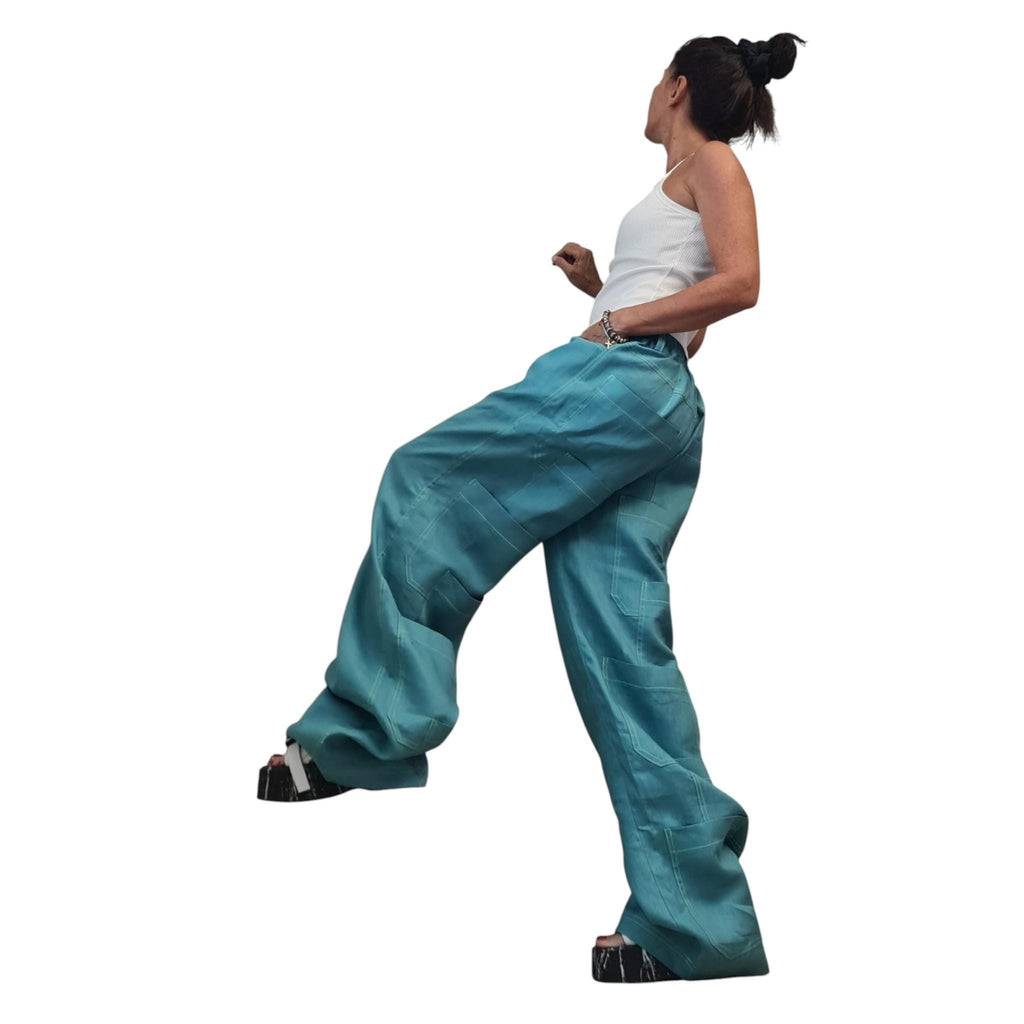 Petrol Blue Wide Leg Pants, Linen Palazzo, Boho Trousers, Designer Pocket Detail