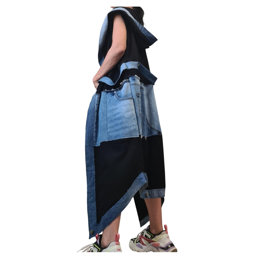 Gothic Denim Cotton Asymmetric Long Vest, Extravagant Maxi Style