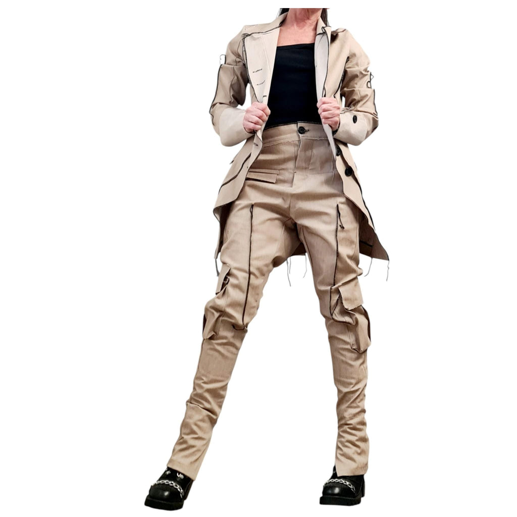 Extravagant Denim Women Costume, Asymmetric Avant Garde Blazer, Women Cargo Pants, Deconstructed Futuristic Clothing DRESSSHOESCODE