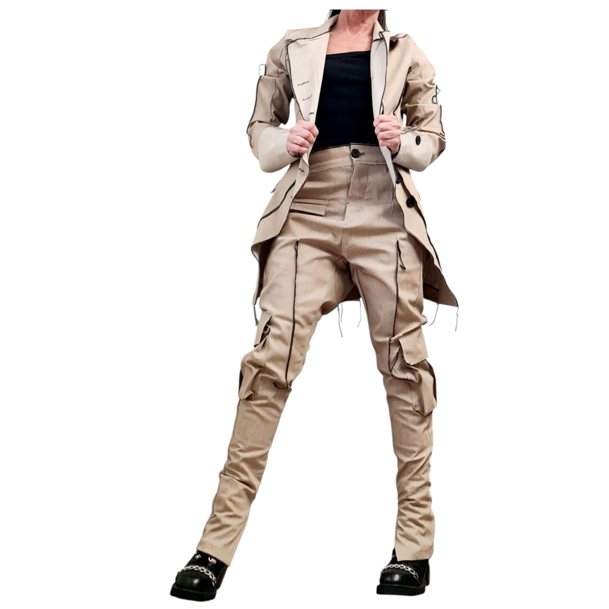 Extravagant Denim Women Costume, Asymmetric Avant Garde Blazer, Women Cargo Pants, Deconstructed Futuristic Clothing DRESSSHOESCODE
