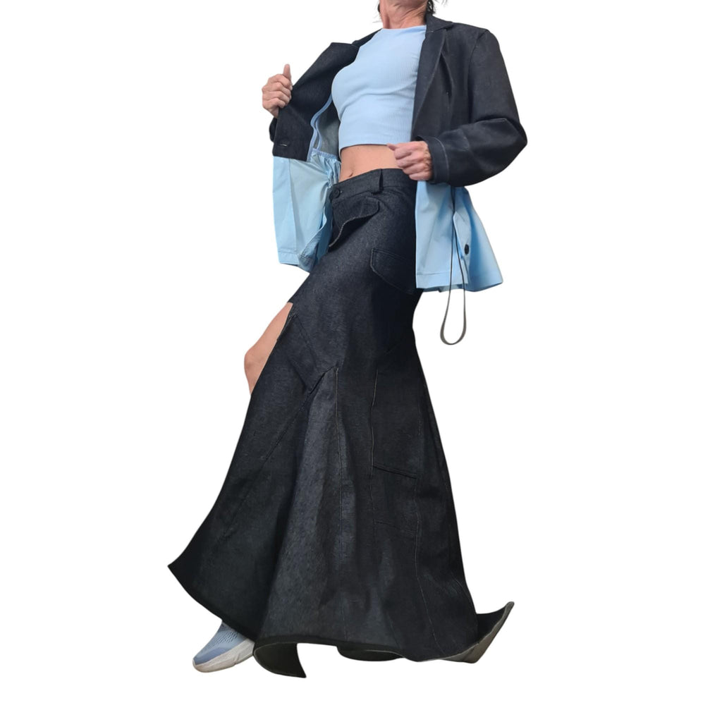 Denim Costume for Women, Avant Garde Denim Blazer, Asymmetric Long Short Skirt