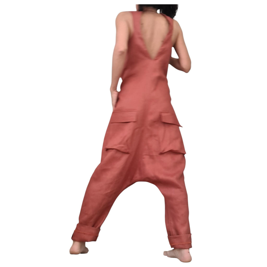 Terracotta Linen Jumpsuit, Asymmetric Harem Wide Leg, Loose Fit, V-Back