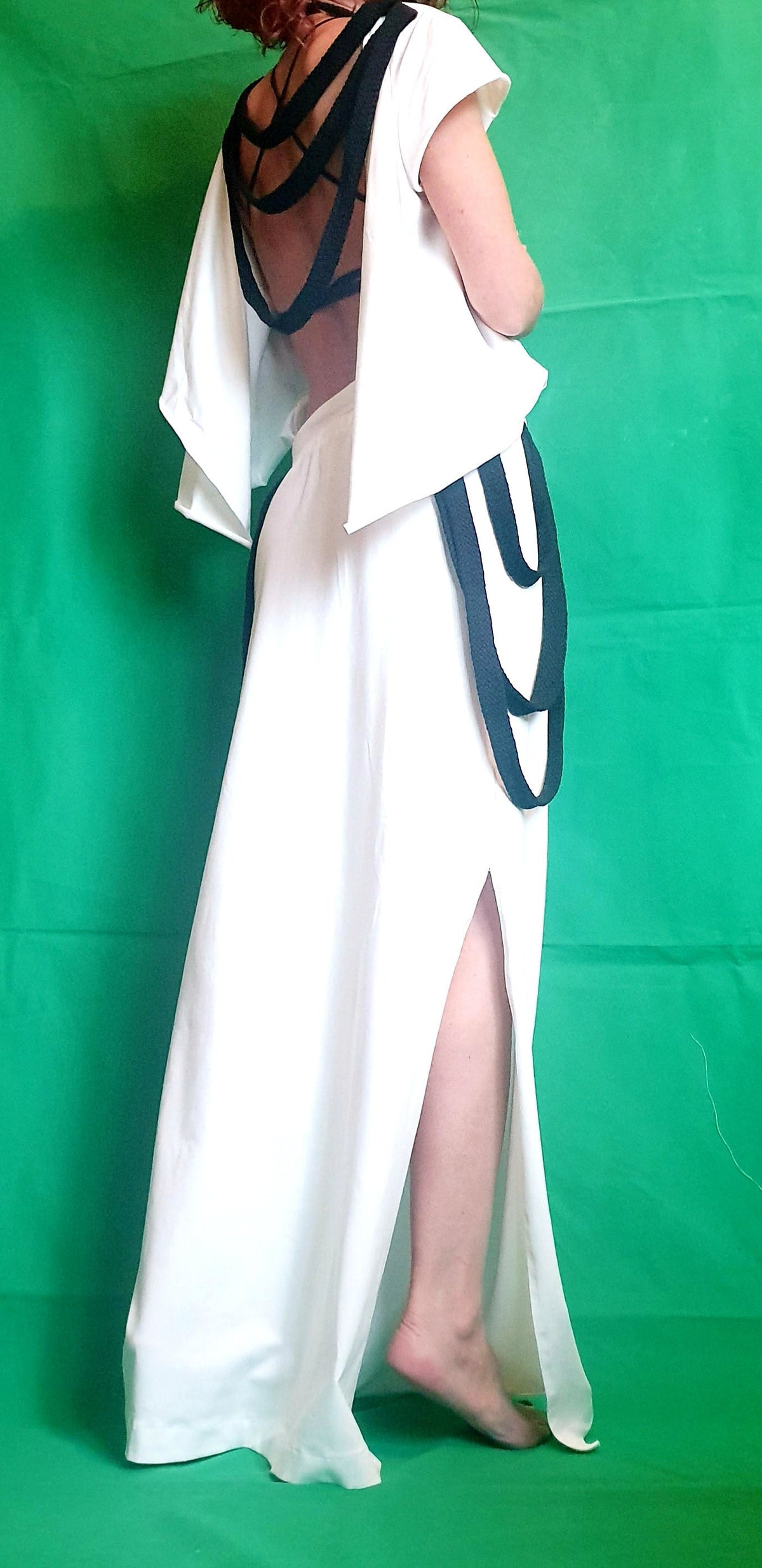 White Black Asymmetrical Open Back Blouse, High Waist Maxi Skirt, Two Piece Co-Ord Set