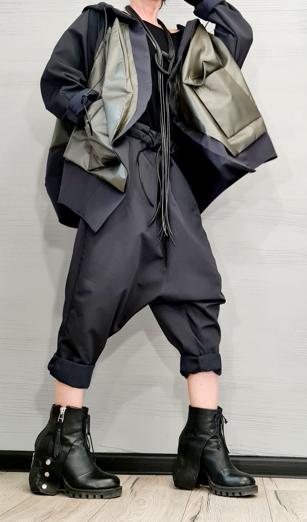 Oversized Asymmetrical Hooded Jacket, Colour Block Design, Large Patch Pockets