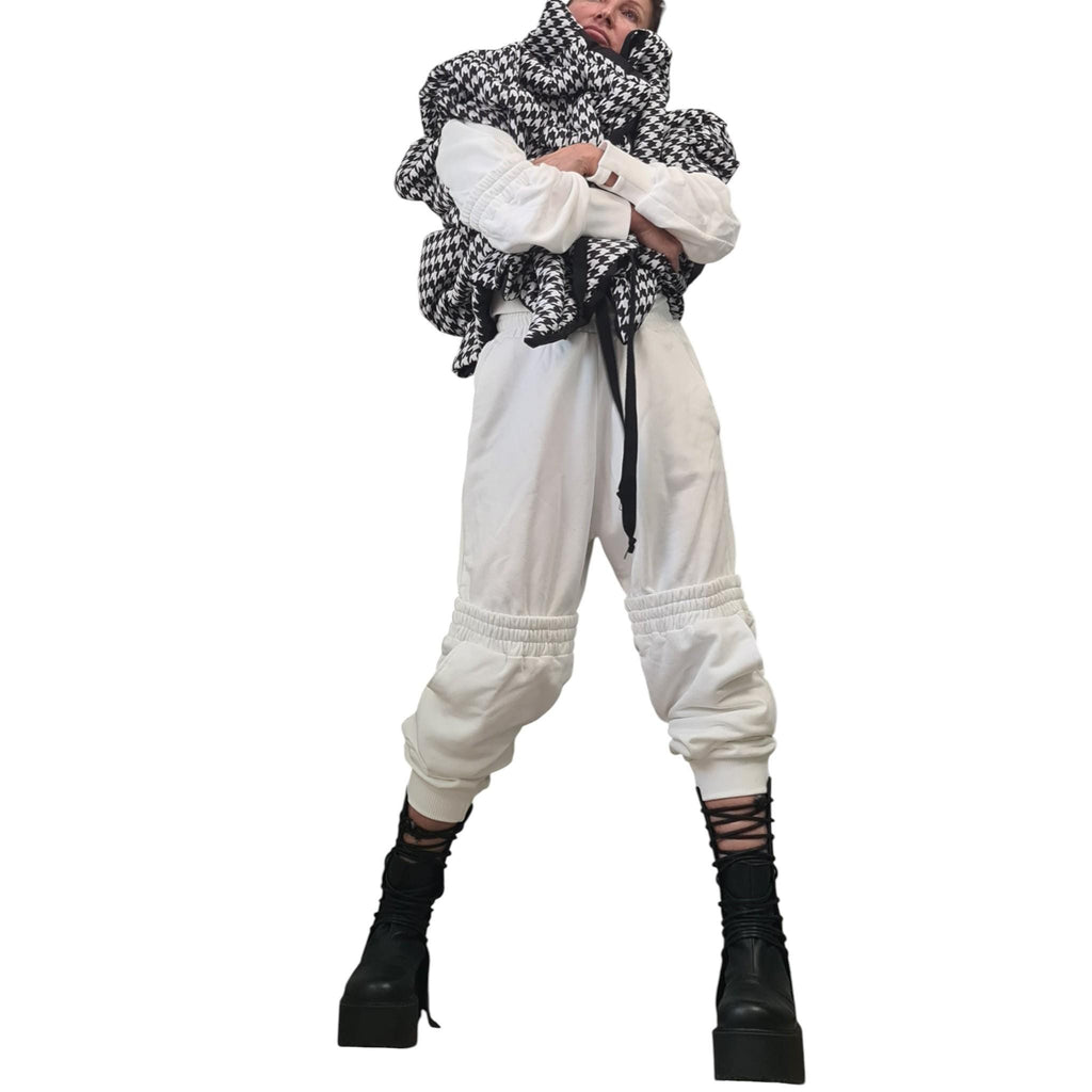Black White Houndstooth Puffer Vest, Oversized Asymmetric Gilet, Quilted Sleeveless Winter Jacket