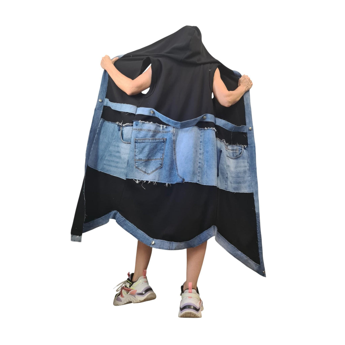 Gothic Denim Cotton Asymmetric Long Vest, Extravagant Maxi Style