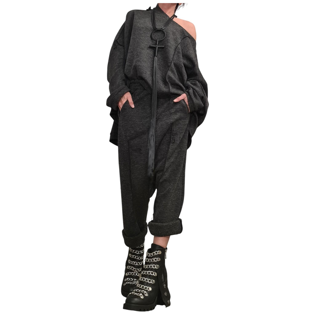 Knit Drop Crotch Harem Pants, Exposed Outer Seams, Asymmetrical Blouse, Two-Piece Co-Ord Set