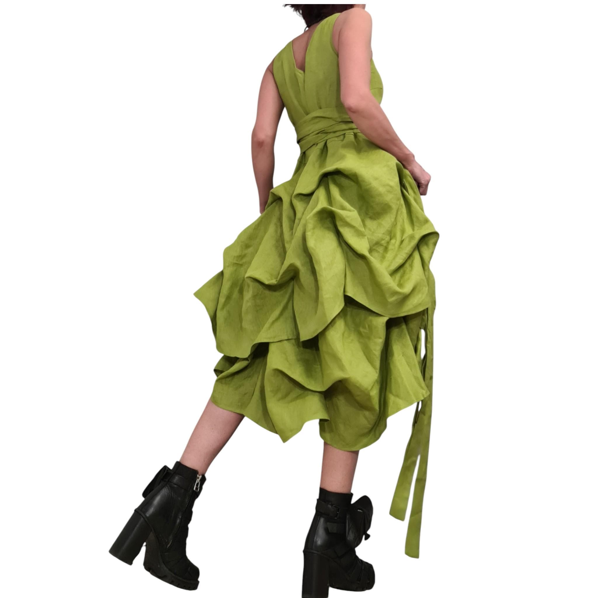 Lime Linen Asymmetric Dress for Women, Sleeveless Layered Midi Dress, Adjustable Avant garde Skirt