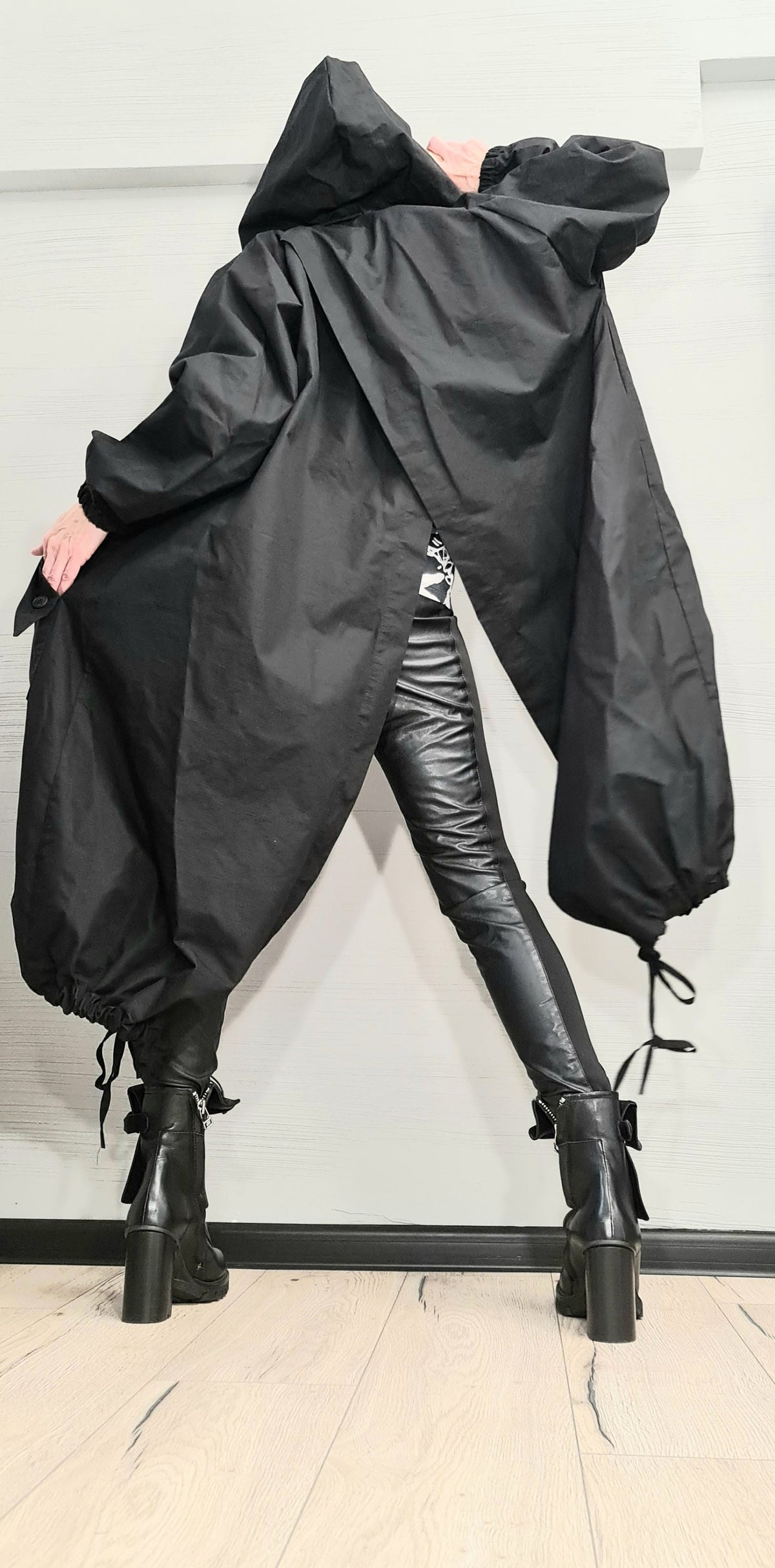 Black Asymmetrical Hooded Trench Coat, Oversized Jacket, Overlapping Open Back,  Drawstring Hem