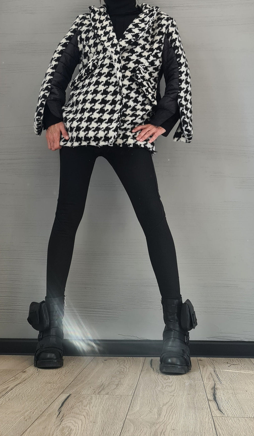 Black and White Houndstooth Wool Coat, Oversized Winter Jacket, Quilted Puffer Lining