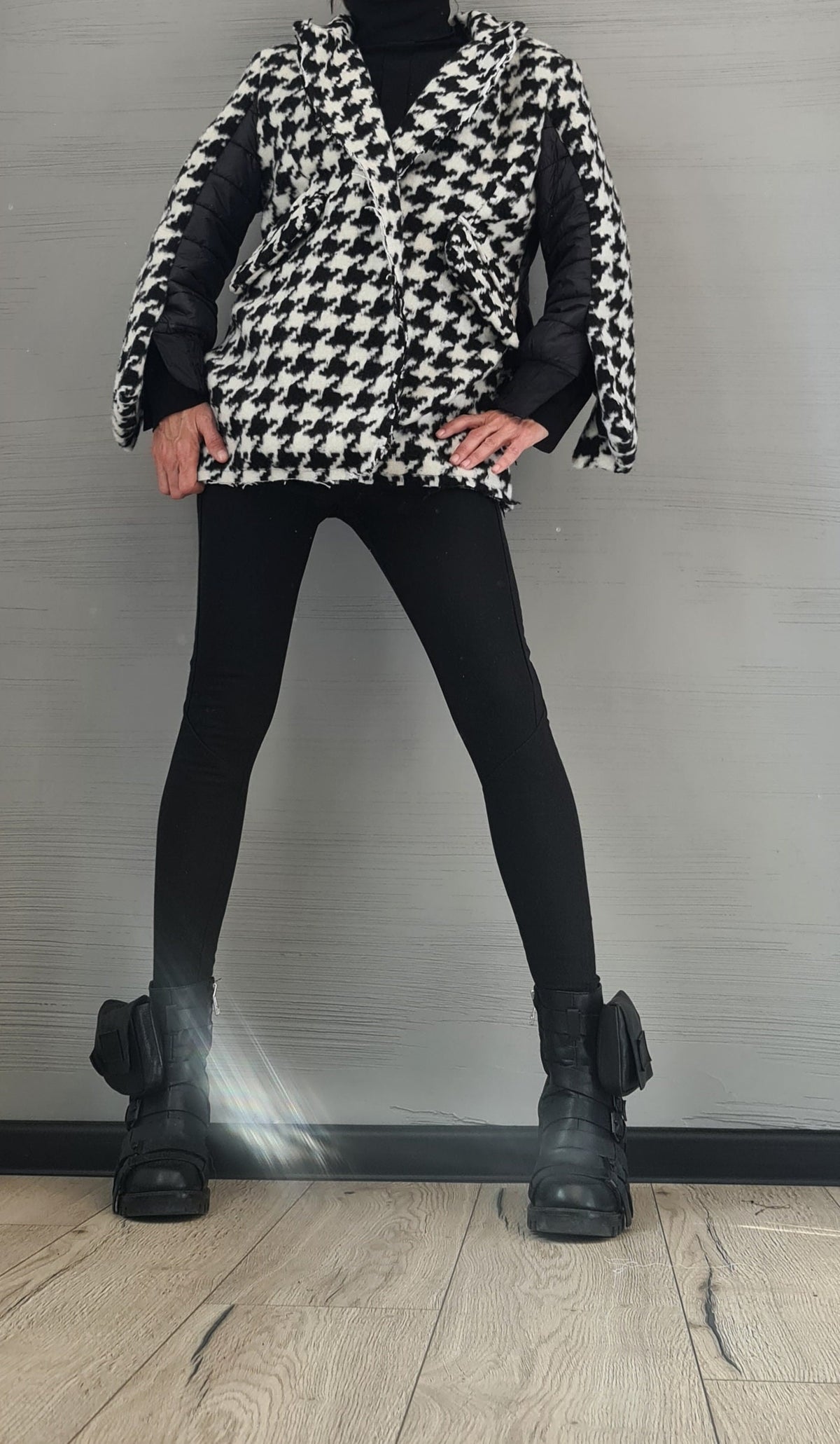Black and White Houndstooth Wool Coat, Oversized Winter Jacket, Quilted Puffer Lining