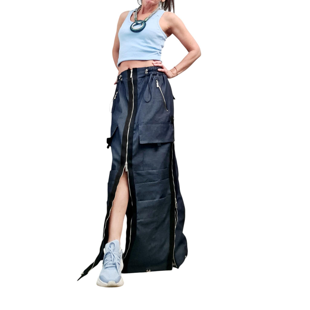 Convertible Denim Maxi Skirt, Cargo Pockets, Festival Streetwear