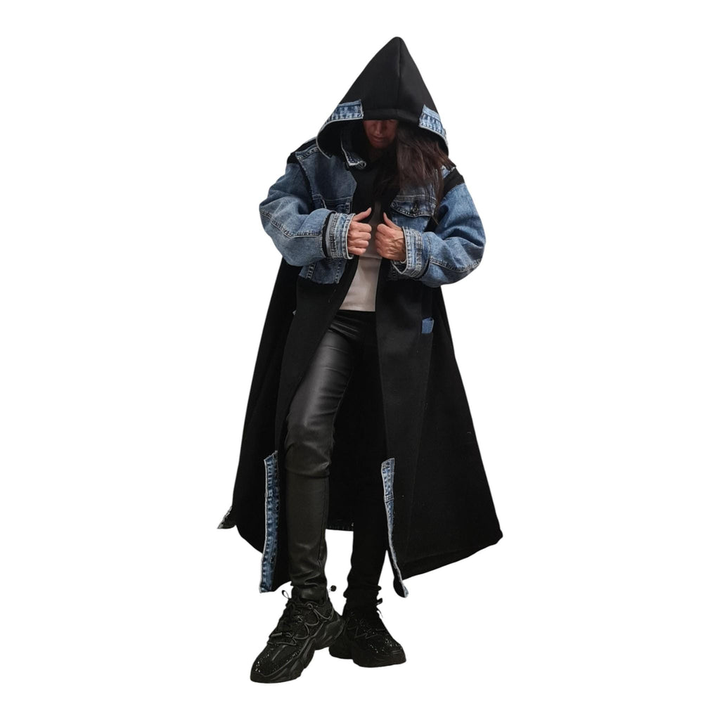 Avant Garde Denim & Wool Coat, Handmade Oversized Hooded Trench, Oversized Jacket