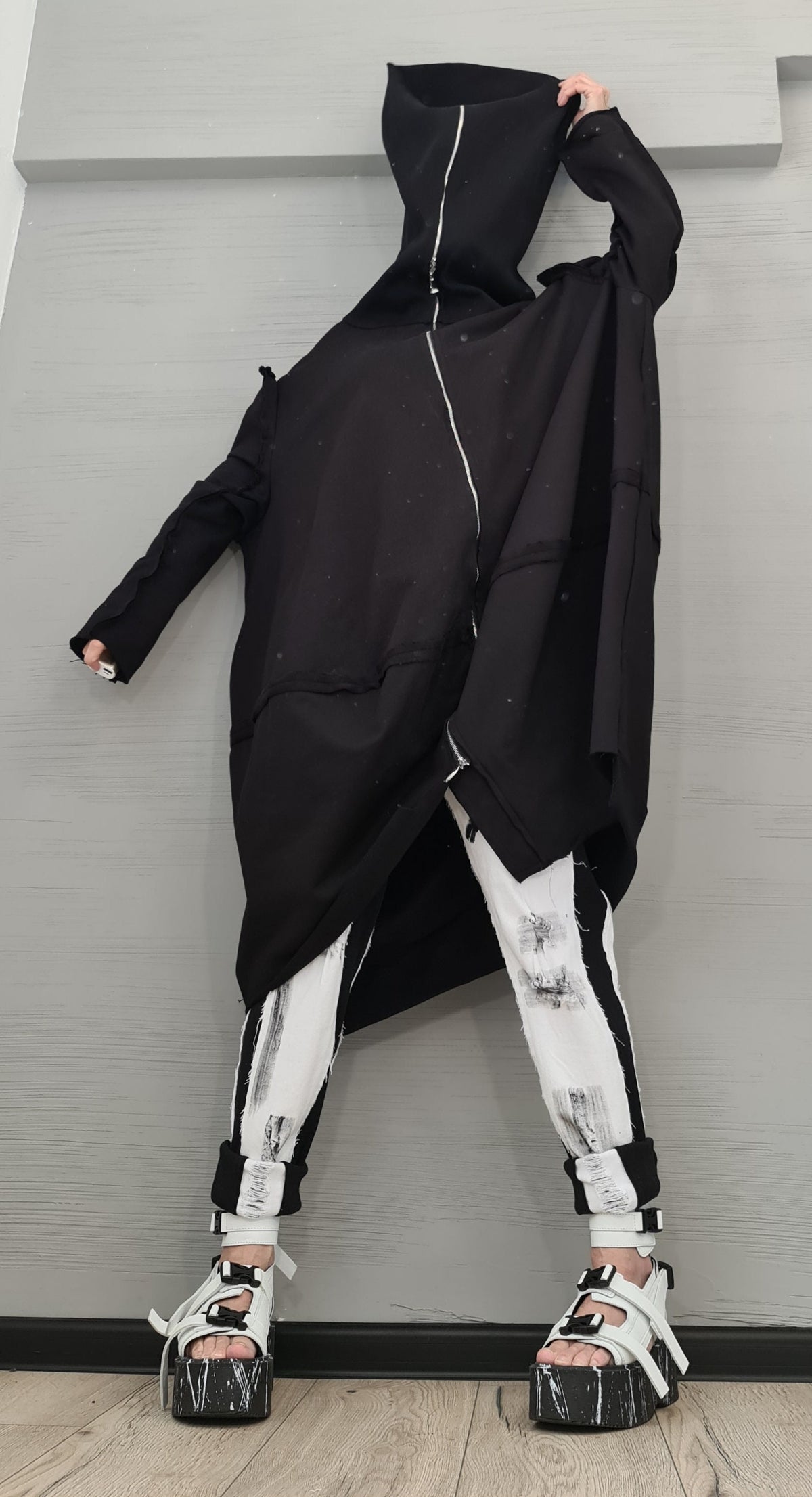 Black Cotton Maxi Sweatshirt, Oversized Jacket with Asymmetrical Zip, High Collar, Plus Size