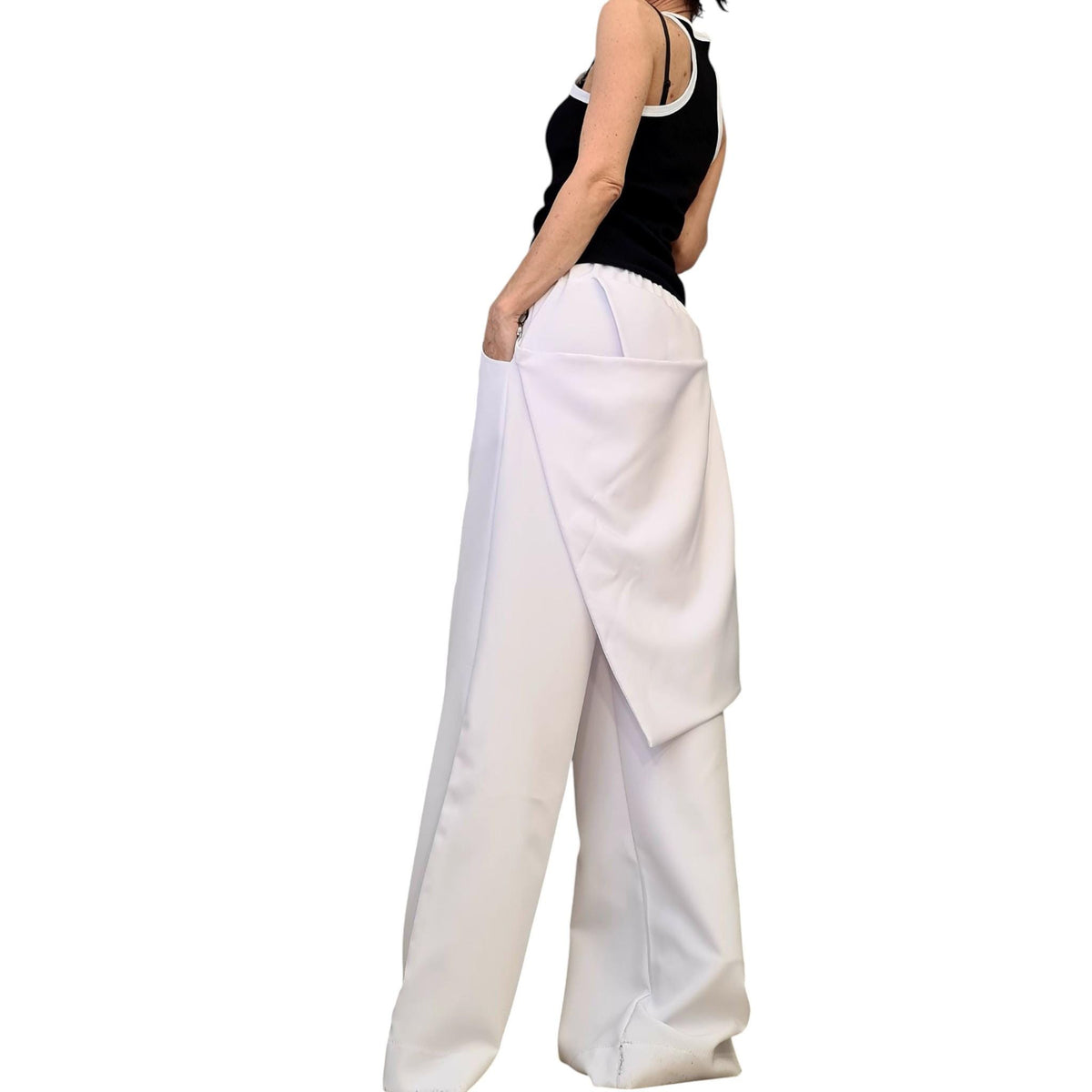 White Wrap Skirt Pants, Wide Leg Palazzo, Elastic Waist, Plus Size