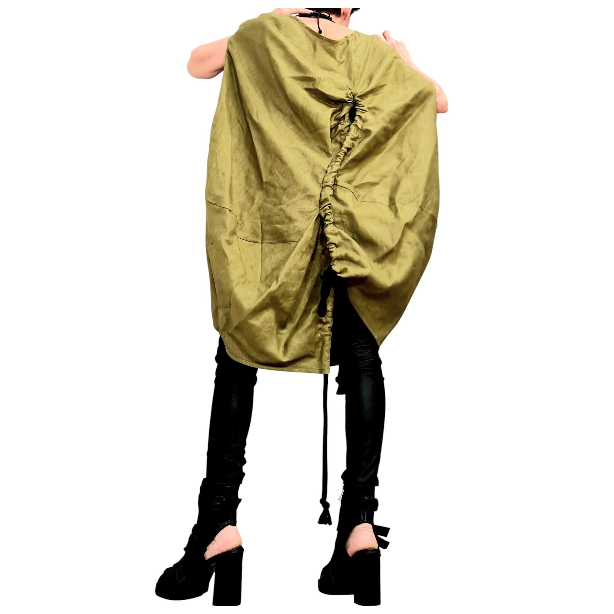 Military Green Linen Tunic, Asymmetric Oversize Top, Adjustable Ruched Kaftan, Plus Size Clothing