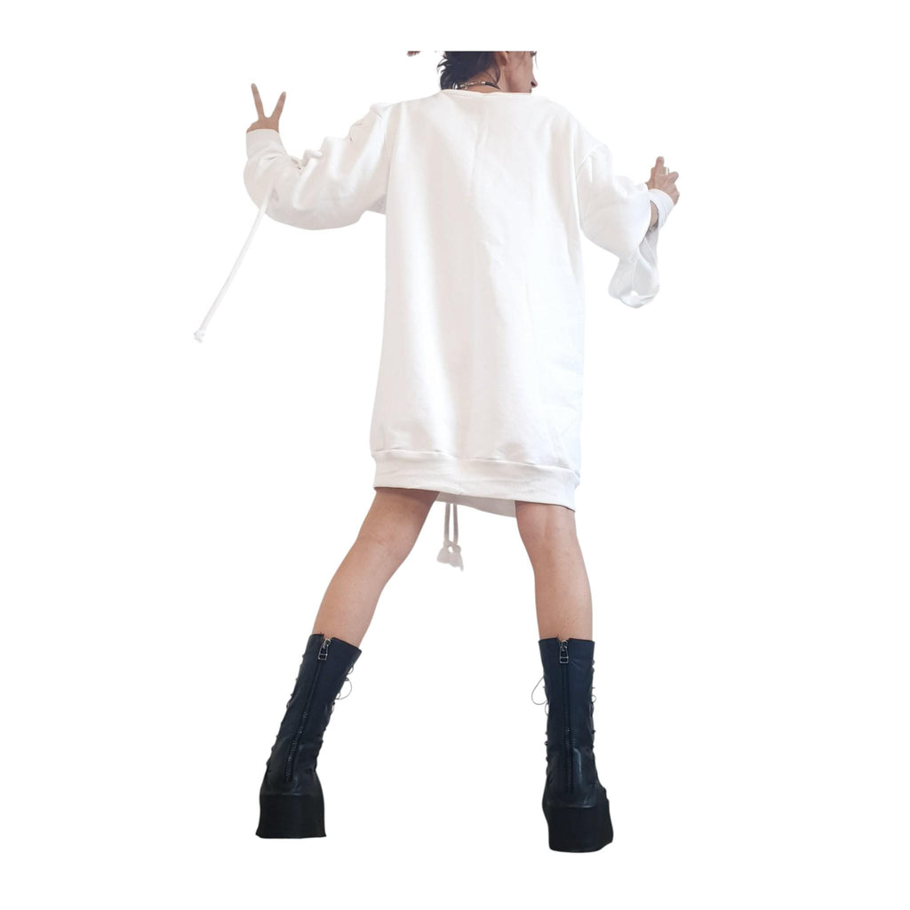 White Plus Size Dress, Bubble Blouson, Asymmetric Loose Cotton Tunic