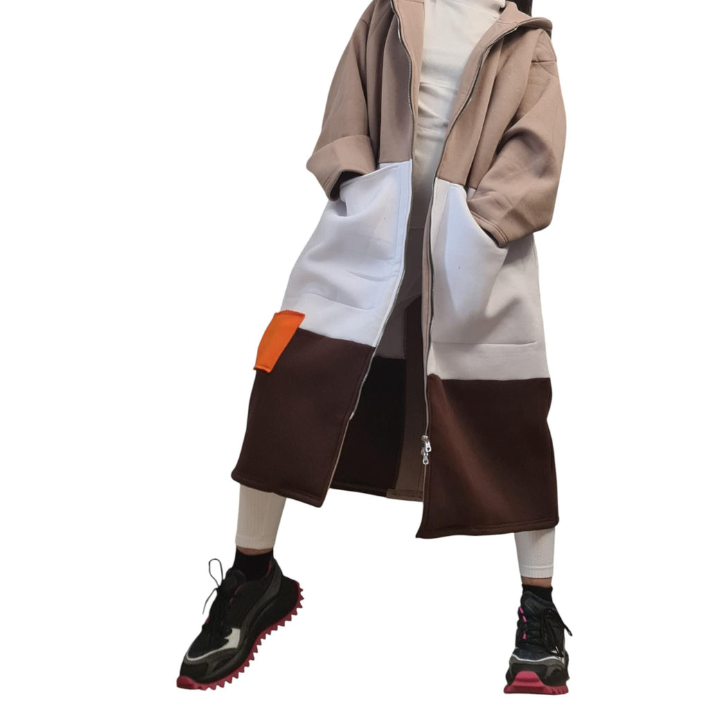 Beige Brown Color Block Hoodie, Oversized Long Sweatshirt Coat, Wide Jacket