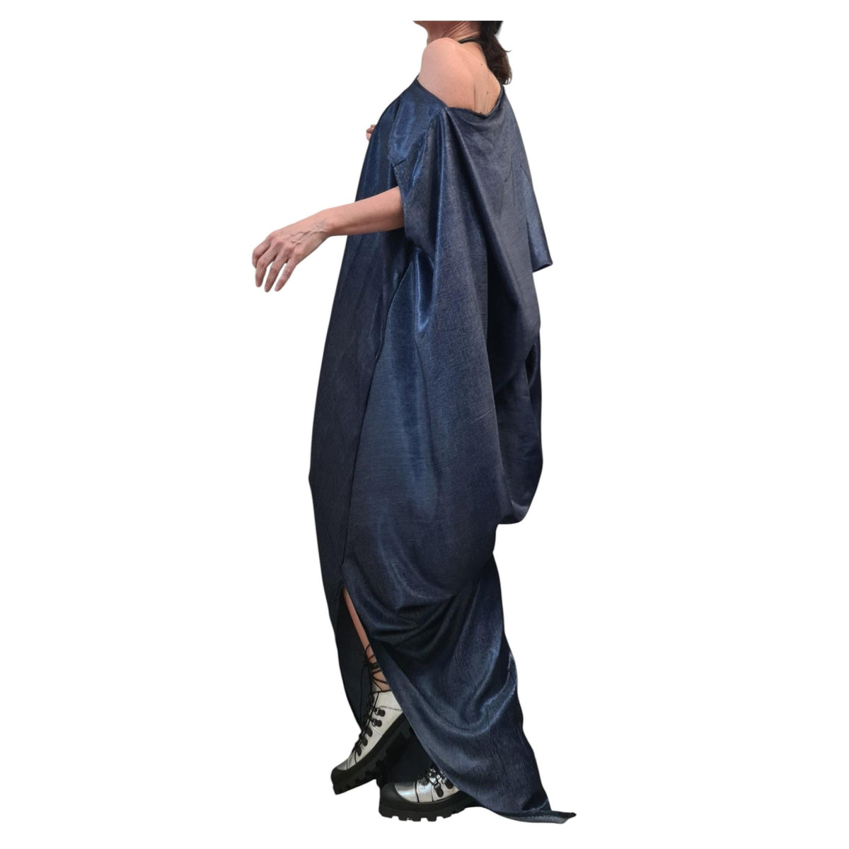 Shiny Denim Avant Garde Long Dress, One Shoulder Drape Style