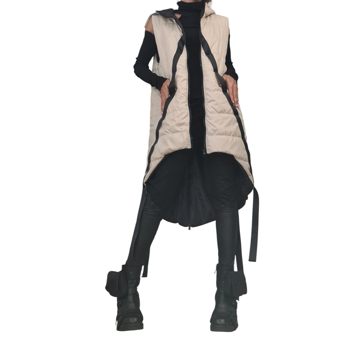 Beige Oversized Hooded Puffer Vest, Asymmetrical Quilted Sleeveless Winter Coat, Black Trim