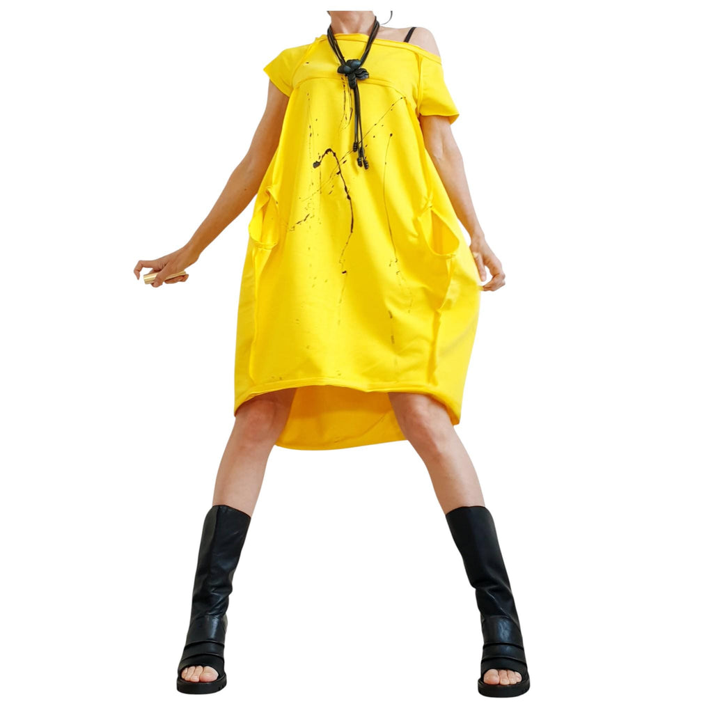 Yellow One Shoulder Dress for Women, Oversized Asymmetric Cotton Tunic