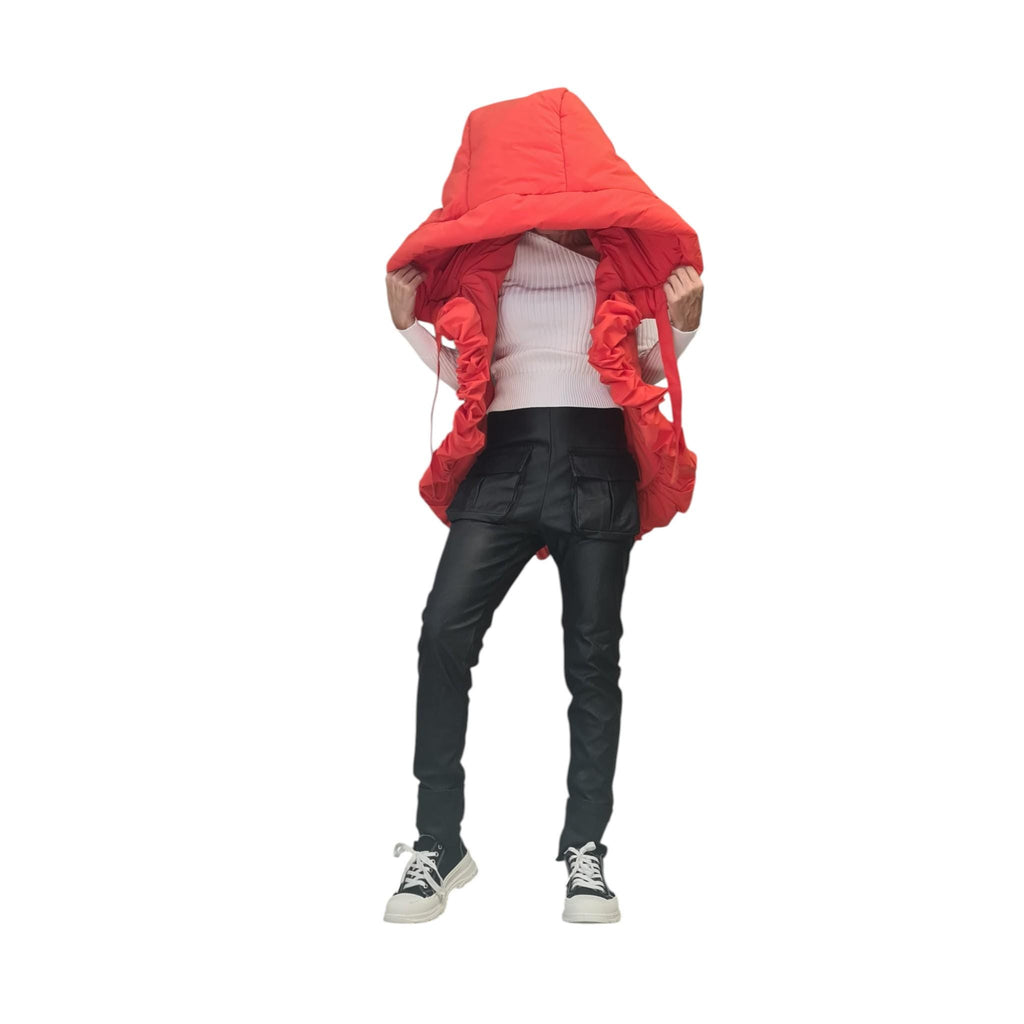 Orange Oversized Puffer Vest, Big Hood Sleeveless Jacket, Ruffled Winter Outerwear