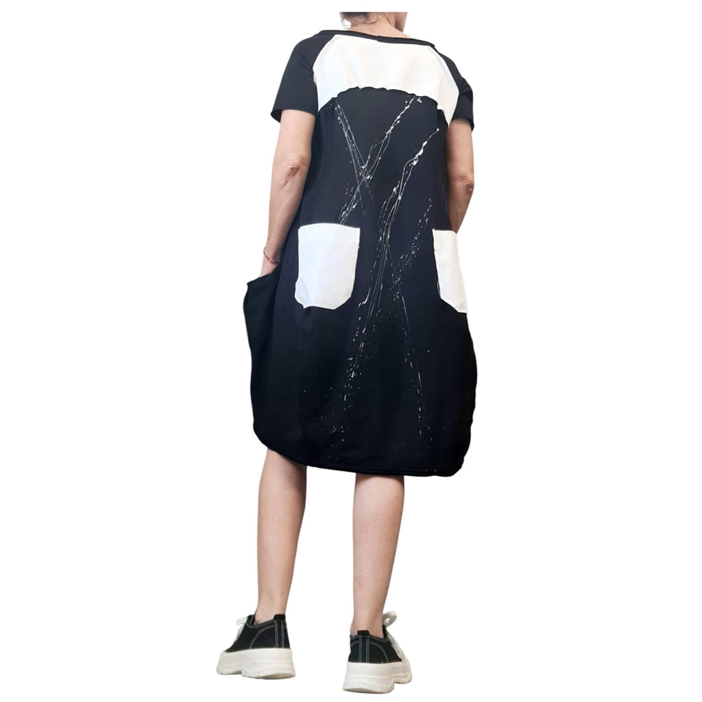 Avant Garde Black White Dress for Women, Asymmetric Cotton Denim Oversize One Shoulder Tunic