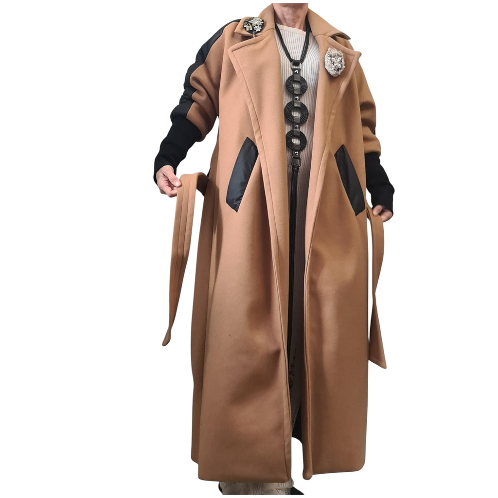 Beige Wool Maxi Coat, Black Quilted Sleeves and Back Panel, Belted Plus Size Overcoat