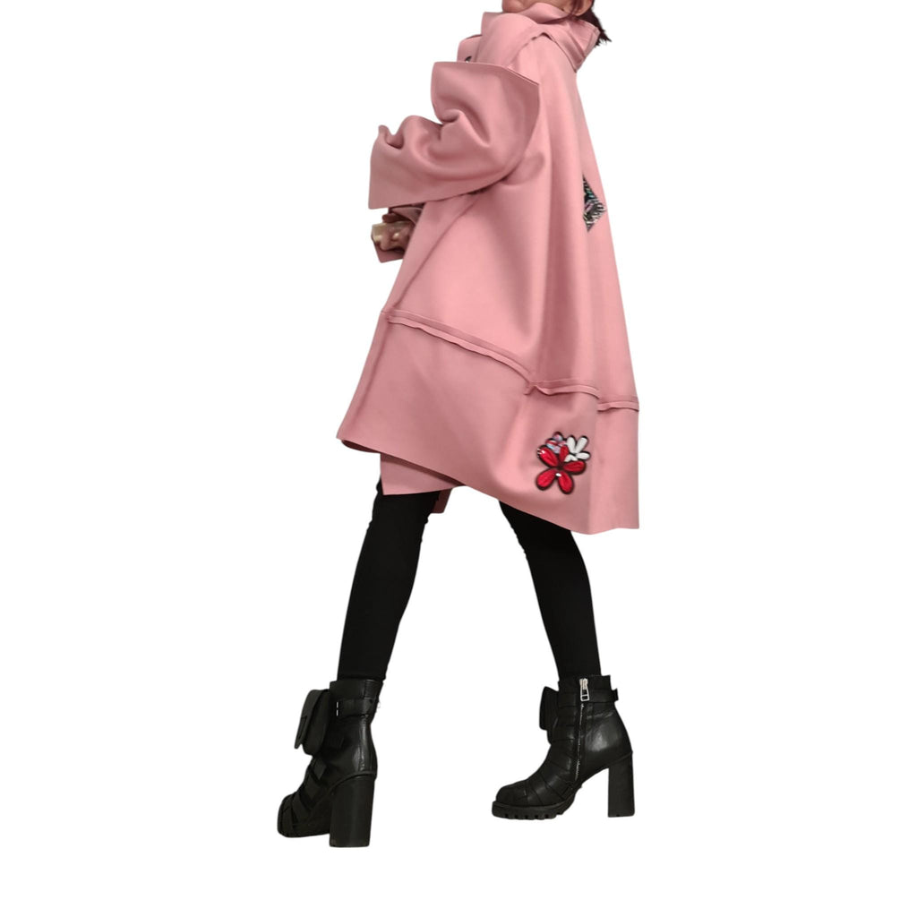 Dusty Rose Oversized A-Line Coat, High Collar Winter Jacket, Appliqué Patch Details