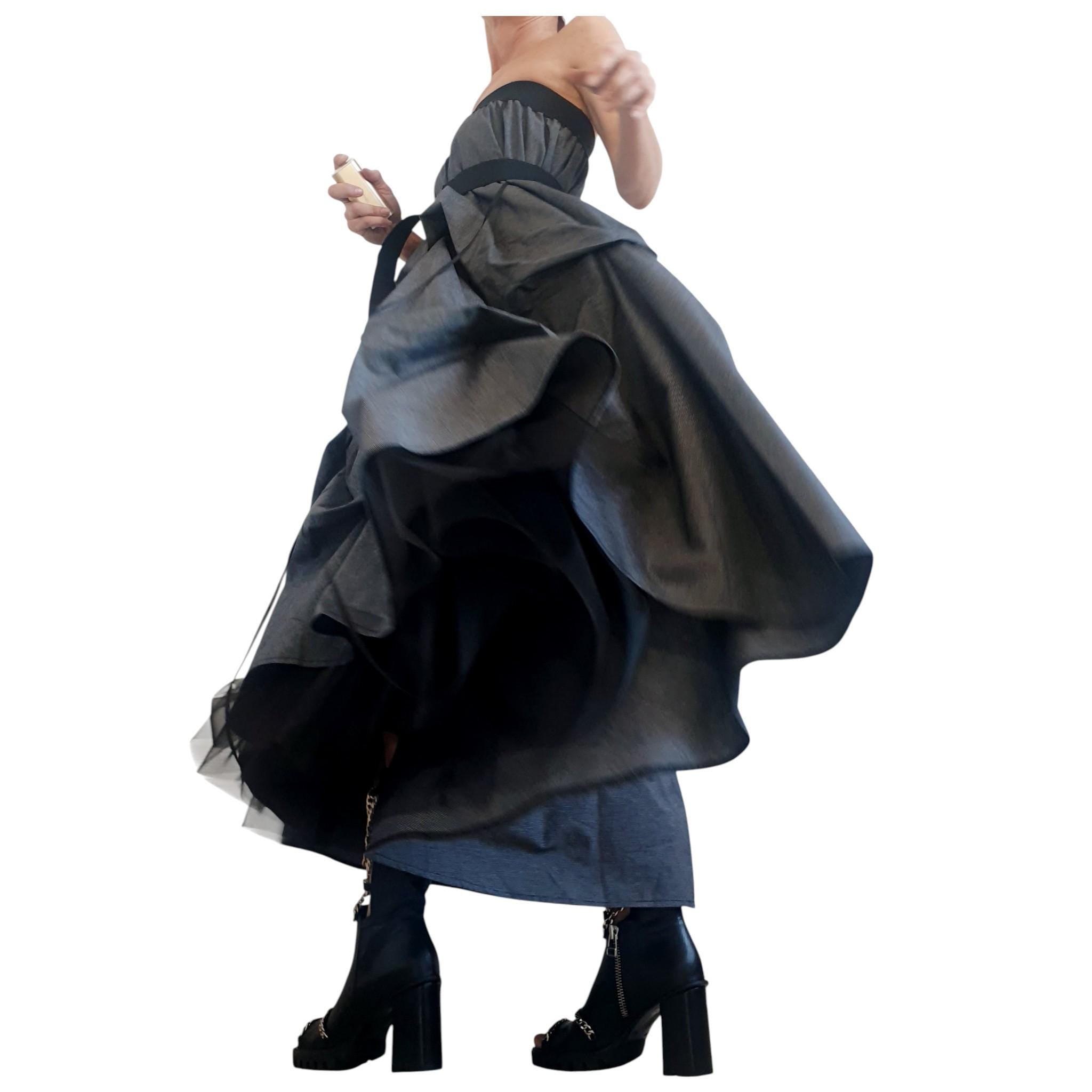 Dark Grey Cotton Sateen Maxi Skirt Dress, Adjustable Drawstrings, Layered Tulle, Convertible Design