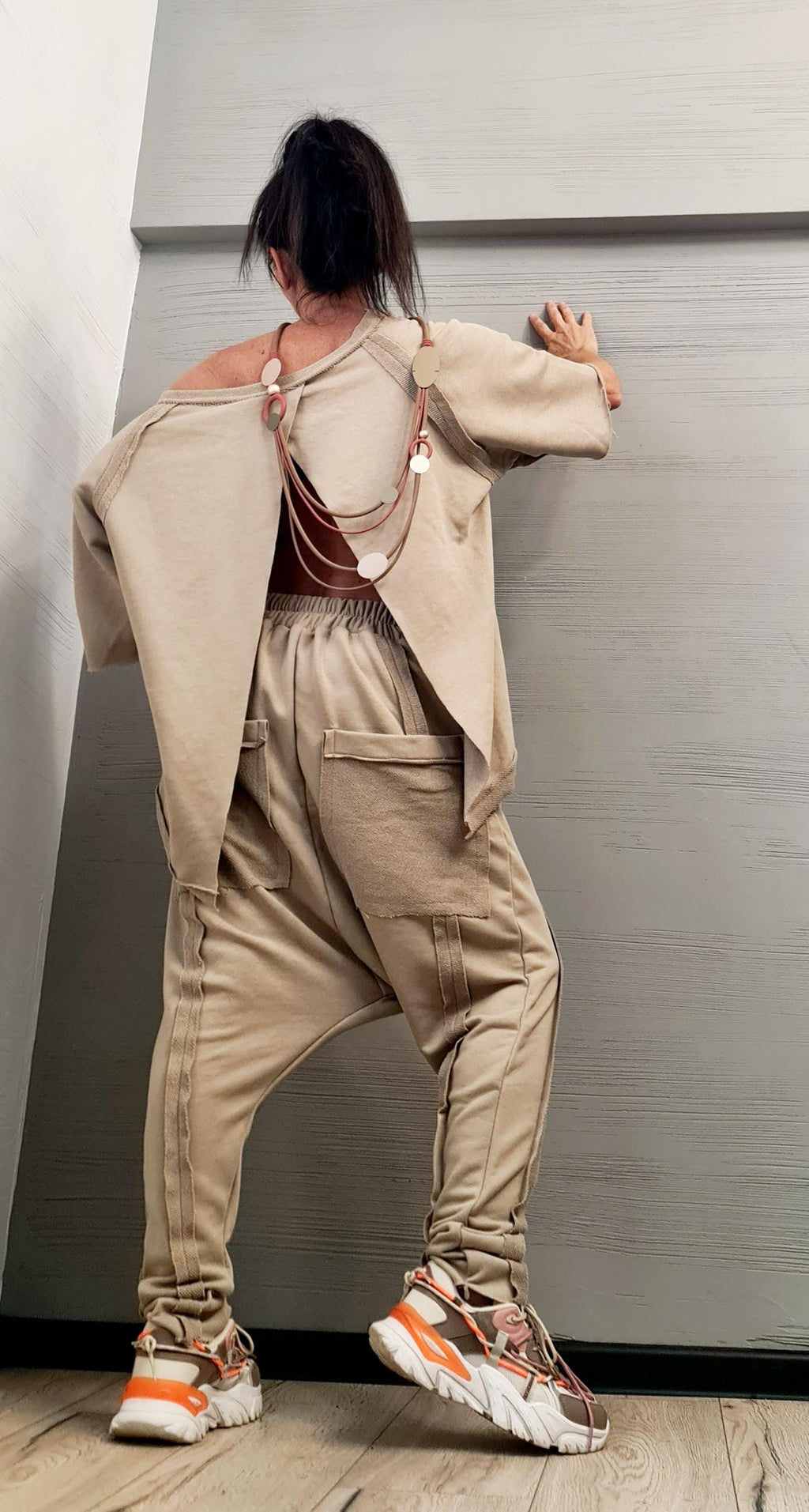 Beige Cotton Drop Crotch Harem Pants, Asymmetrical Open Back Blouse, French Terry Co-Ord Set