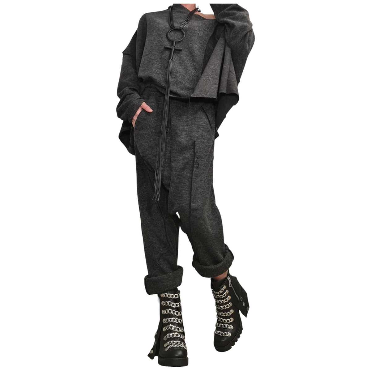 Knit Drop Crotch Harem Pants, Exposed Outer Seams, Asymmetrical Blouse, Two-Piece Co-Ord Set