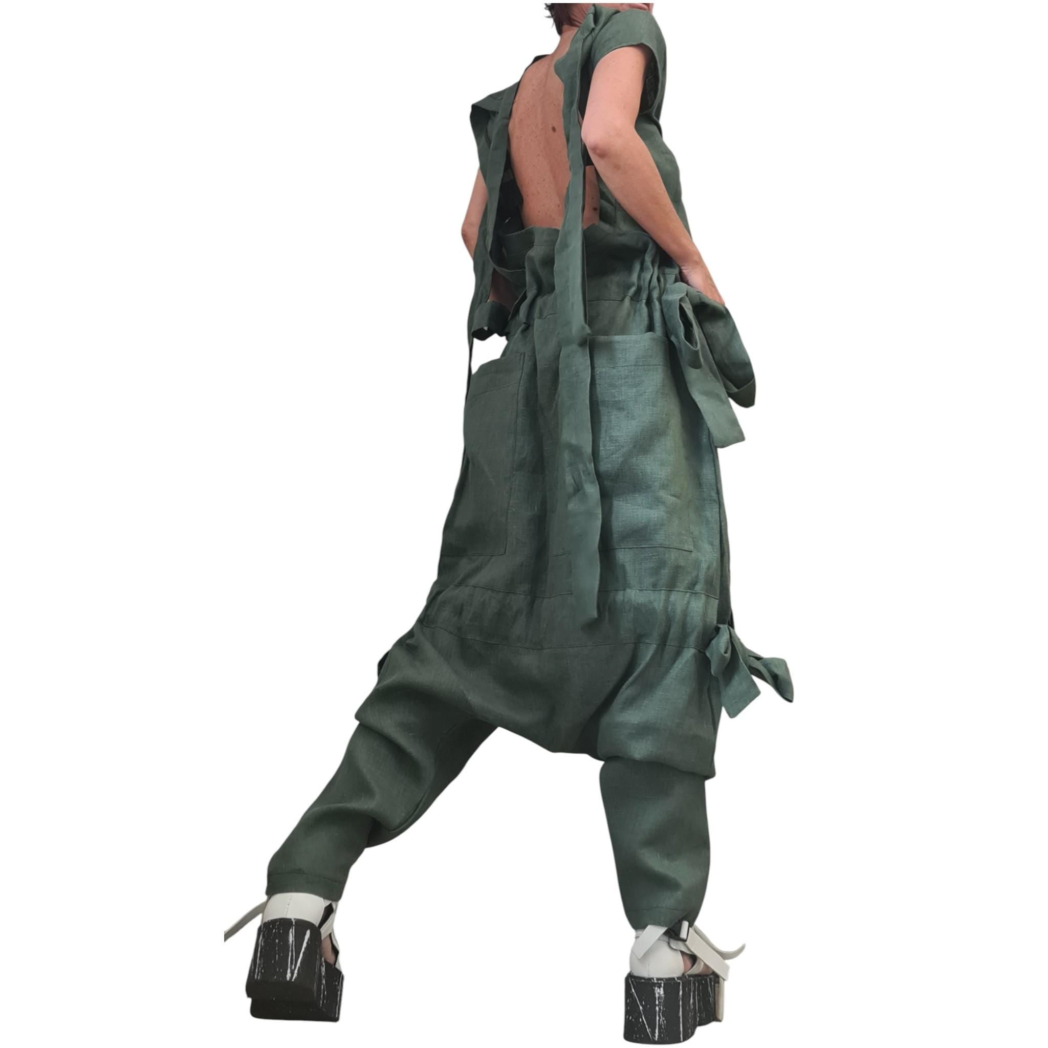 Olive Oil Asymmetric Linen Woman Jumpsuit, Wide Leg Harem Sleeveless Loose Overall